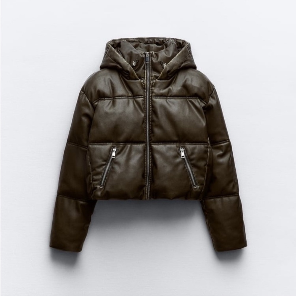 Zara Faux Leather Cropped Puffer Anorak Jacket with Hood cropped